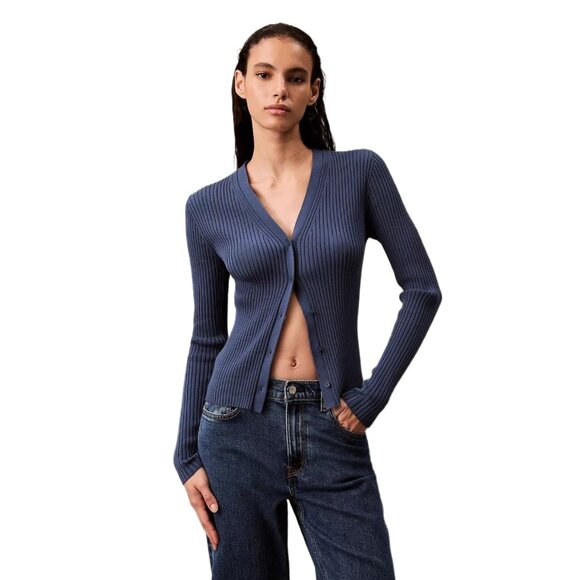 Calvin Klein Women’s Ribbed Cotton Cardigan Sweater Navy Blue Size M - Picture 1 of 14